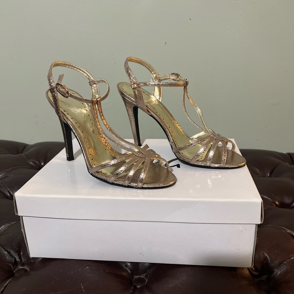 BCBG Shimmering Gold Strappy Heels